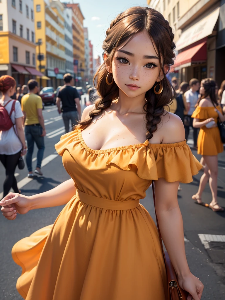 a woman posing on the street corner with orange dress on, Highest quality, 1peopleの女の子, Large Breasts, Day, bright, Blur the background, Bokeh, Outdoor, (street:0.8), (people々, crowd:0.8), (Off-the-shoulder dress:1.2), nice, (Braided bangs:1.2), Beautifully detailed skies, (Dynamic pose:1.2), Soft lighting, Wind, Glowing Skin, (Upper Body:0.8), (freckles:0.8), Mole under the mouth, 