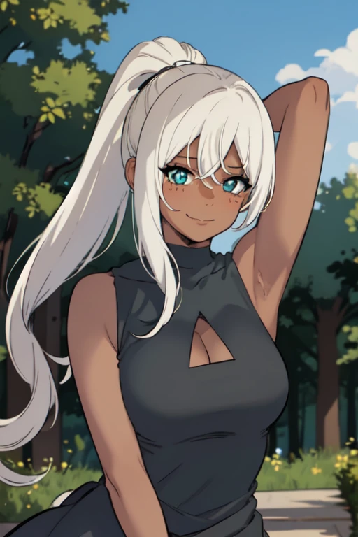 best quality, (masterpiece:1.2), detailed,
dark skin, upper body,
1girl, solo, closed mouth, smile,
ponytail, long hair, blonde hair, green eyes, mole under eye, slight blush,
earring, black dress, cleavage cutout, sleeveless,
standing, looking at the viewer,
outdoors, forest, raising arms, exposing armpits