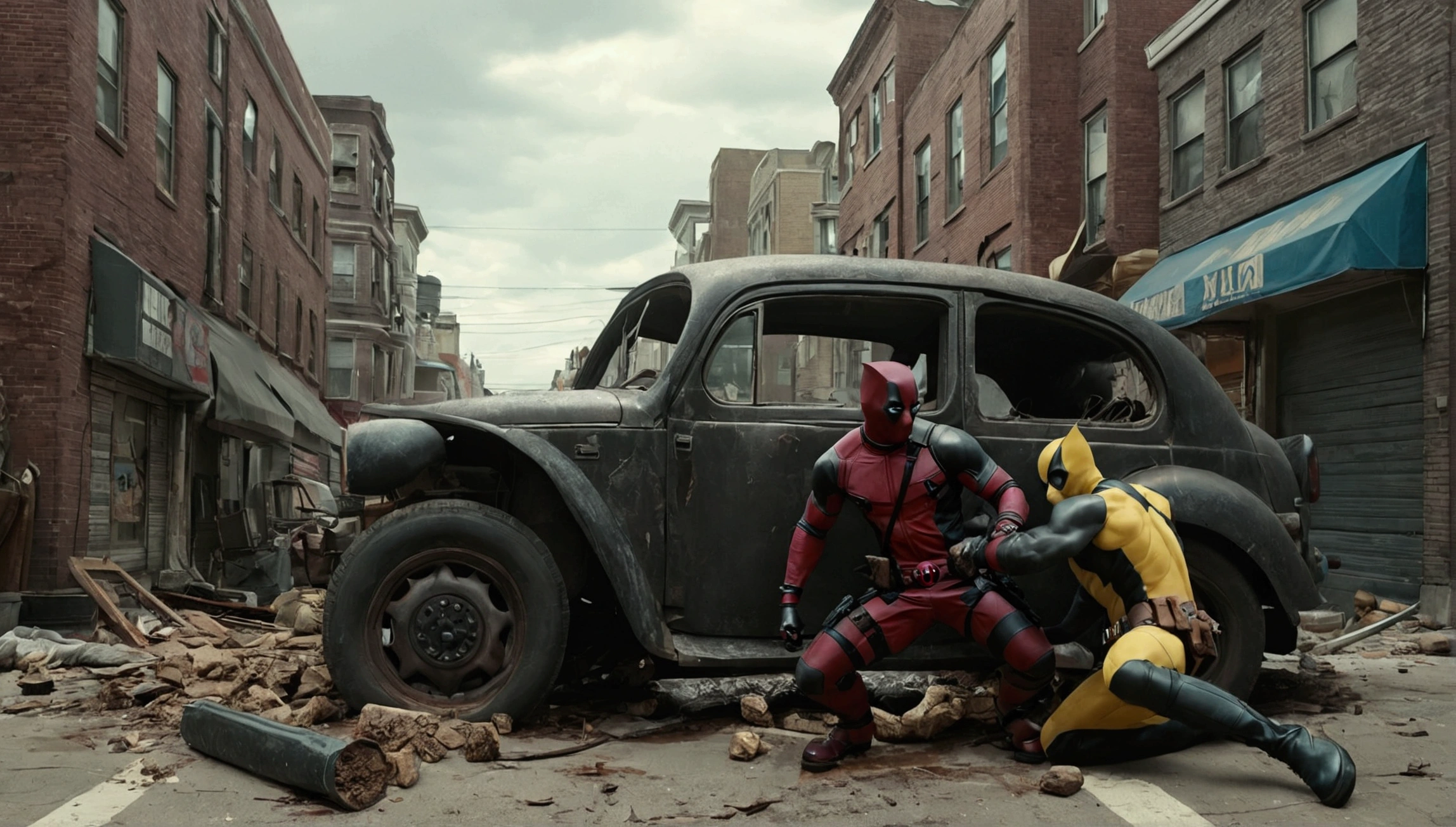 Very detailed,Deadpool vs. Wolverine,Intricate details,Collapsed streets