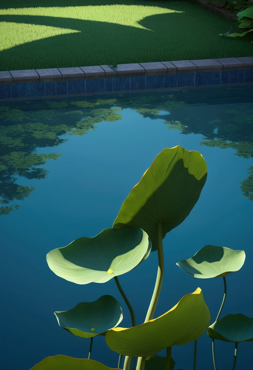Ghibli 睡lotus leavesと太陽が輝くPoolに浮かぶ少女 masterpiece, Highest quality, (Very detailed CG unity 8k wallpaper), (Highest quality), (Best illustrations), (Best Shadow) lotus leaves, Pool, Isometric 3D, Octane Rendering, Ray Tracing, Very detailed