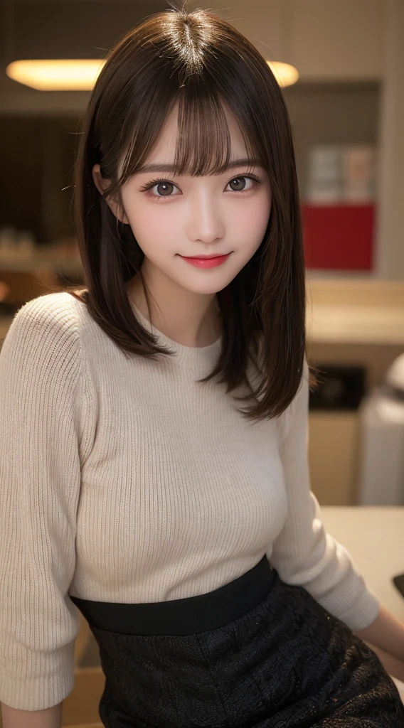 Tabletop, Highest quality, shape, Very detailed, finely, High resolution, 8k wallpaper, 完璧なダイナミックな構shape, Beautiful and detailed,ランダムなcute髪,,Natural color lip, Bold sexy pose,smile、20-year-old girl、cute、Looking into the camera,Always blur the background,Perfect and beautiful face,Slim face and figure,Big eyes、Putting on gal makeup,Small face,Shooting from below、smile,Blurred Background,Elegant feminine face、Cyberpunk Fashion、smile、Real Photo、Raw photo、Real human skin,finely描かれた肌:1,4、Normal anatomy