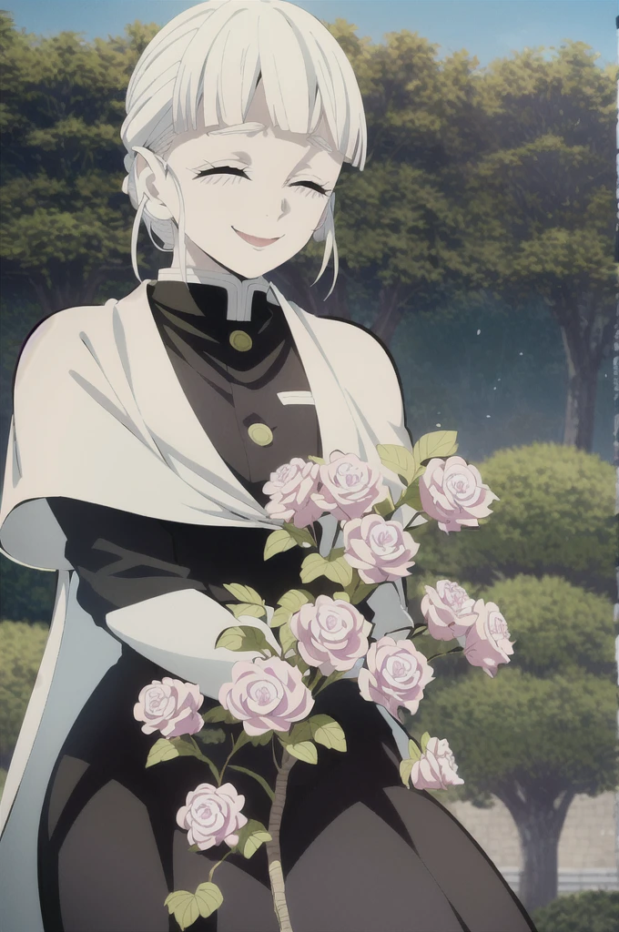 kimetsu no yaiba style, 1girl, white hair in a high bun, demon slayer uniform, solo, yellow eyes,holding a katana ,white hair, all black cape, all black haori, outdoors, bangs, tree,, anime coloring, ((masterpiece)) , daylight background , beautiful girl, cute, solo , smiling face , ((high quality)) , sleeping