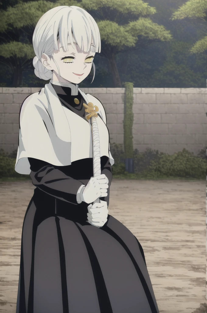 kimetsu no yaiba style, 1girl, white hair in a high bun, demon slayer uniform, solo, yellow eyes,holding a katana ,white hair, all black cape, all black haori, outdoors, bangs, tree,, anime coloring, ((masterpiece)) , daylight background , beautiful girl, cute, solo , smiling face , ((high quality)) , sleeping