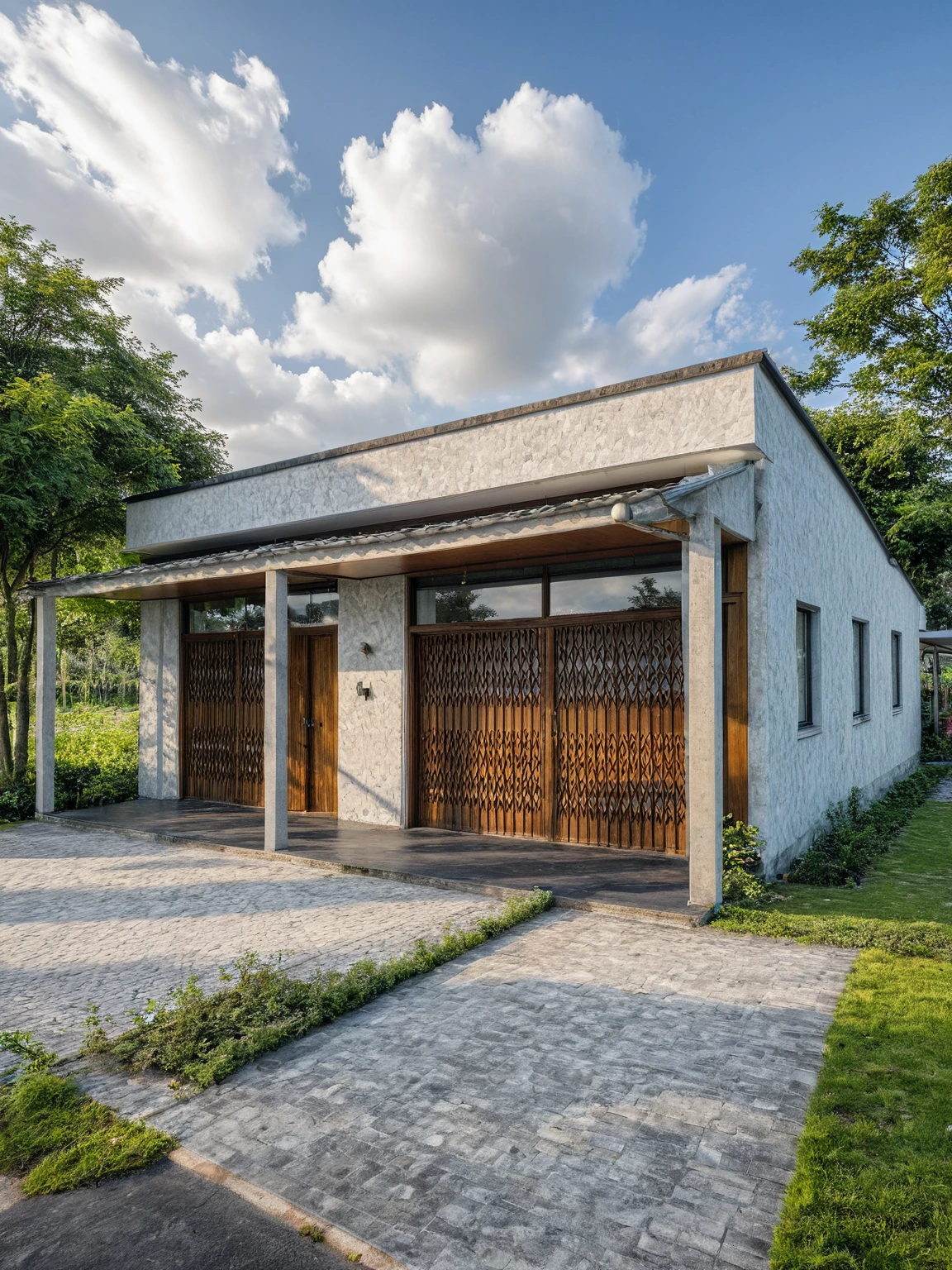Masterpiece, high quality, best quality, authentic, super detail, outdoors, onestoreyvillaXL, aiaigroup, house style modern on the street ,stairs, white wall ,road,pavement, grass, trees, sky, cloud, (daylight:1.1)