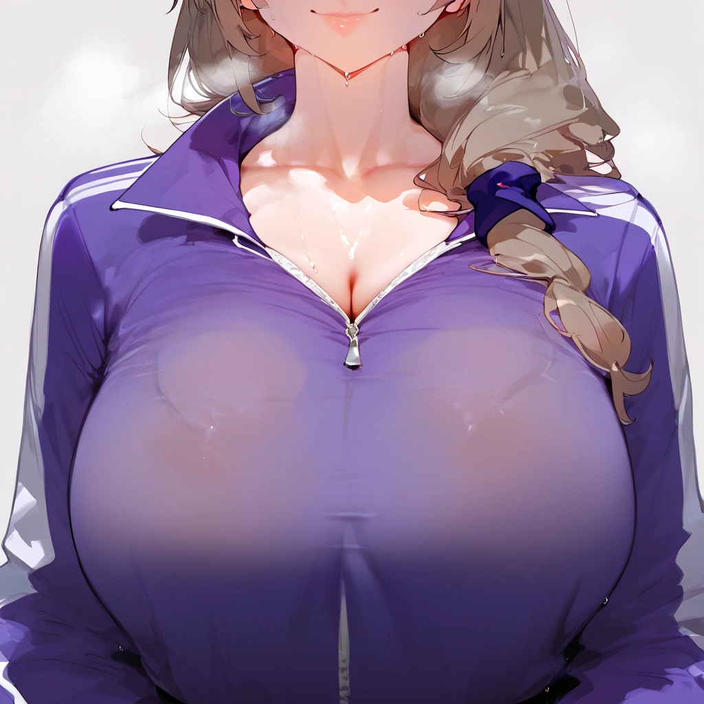 score_9, score_8_up, score_7_up, score_6_up, score_5_up, score_4_up, 1girl, Lisa, genshin_impact,, big breasts,,collarbone,breasts focus, , floox style,jacket,, open clothes, purple jacket, purple jacket, purple track suit,, sportswear, standing, steam, steaming body, sweat, , track jacket, purple track pants, track suit, black openwork bra,shoulder-length light honey-brown hair. ,, high resolution,, deep breath, , head out of frame, , grey background, , solo, in centre of shot, , naughty smile,  , milf, mommy, 30 years old