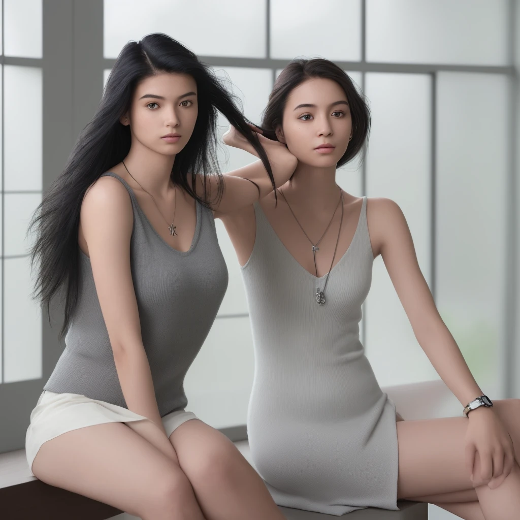 realistic photography, 3d, detailed. Indonesiaan a beautiful young woman, fresh clean face, sitting against the background of modern architecture. Her shoulder-length hair is bright black and neatly flowing. wearing a gray sleeveless top with knit v-neck detail. wearing a simple necklace with an "H" pendant and a metal watch on his left wrist. The position of his left hand is holding his hair near his ear, giving the impression of a natural and relaxed style with a calm expression and eyes that look far away as if he is contemplating. The backdrop features natural lighting coming in from large windows, creating shadows and soft light on the walls and ceiling. 124k, Hyper realistic, HD.