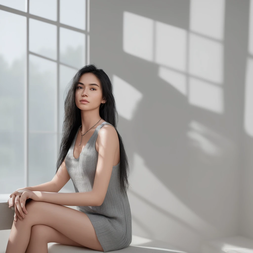 realistic photography, 3d, detailed. Indonesiaan a beautiful young woman, fresh clean face, sitting against the background of modern architecture. Her shoulder-length hair is bright black and neatly flowing. wearing a gray sleeveless top with knit v-neck detail. wearing a simple necklace with an "H" pendant and a metal watch on his left wrist. The position of his left hand is holding his hair near his ear, giving the impression of a natural and relaxed style with a calm expression and eyes that look far away as if he is contemplating. The backdrop features natural lighting coming in from large windows, creating shadows and soft light on the walls and ceiling. 124k, Hyper realistic, HD.
