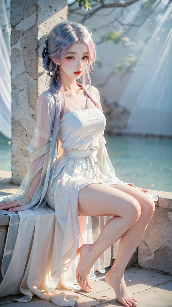 ((Shot in the knee)),（masterpiece、best quality、high resolution），（Color background，（Splash of Color）），Sweet girl，Light blue and white medium length hair，[Light Blue|pink]hair，curls，shining，红pink的嘴唇，The crack is relatively large，Splash of Color，Volumetric Lighting，Full breasts, Elegant Posture, Sexy slender legs