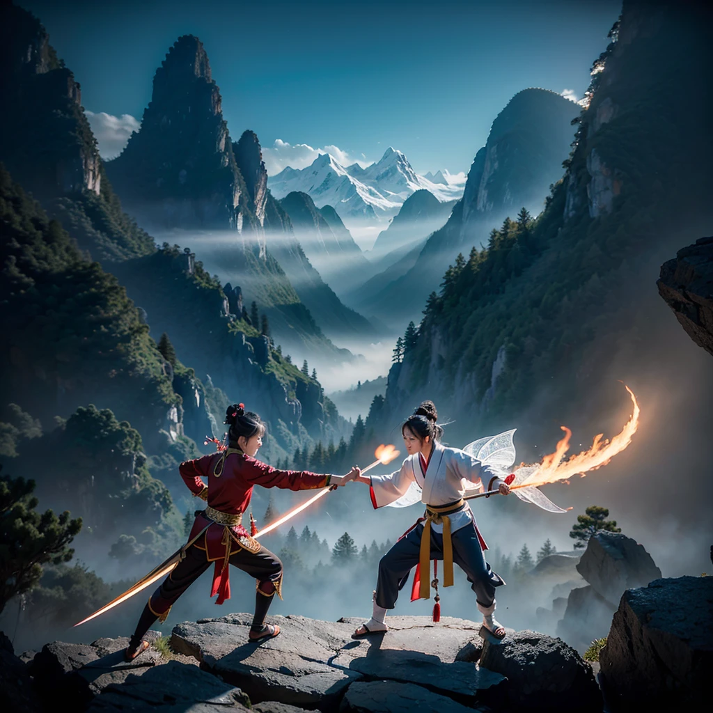 The creation of the Chinese Book of Mountains and Seas style is like the puppet show characters in TV movies. Hollywood fight scenes. The six main characters of the Hanfu martial arts drama appear with glowing bodies. Super congenital people. The six characters duel and meditate in the stunning martial arts scenery., This sword, halberd, tactics, magic, art, flying around requires a fantasy fairy-like duel with lighting scenes, a battle of no return.