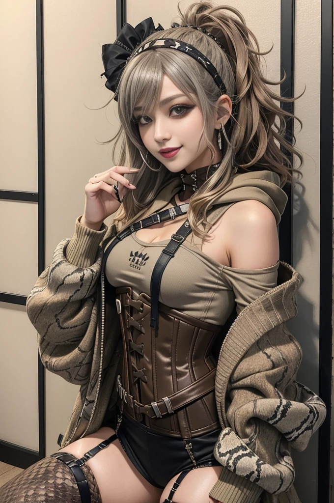 (Smiling with teeth showing:1.3),(Shibuya Gal:1.5)、(beautiful:1.5)、(Neo-Goth Fashion:1.5)、(Punk rock visual kei:1.5)、(A khaki and brown off-the-shoulder hoodie accessorized with delicate silver accessories..:1.5)、(A corset with a delicate beige and brown design:1.4)、(Dark gray, Khaki and brown snakeskin bodysuit:1.5)、(Snake print headband:1.3)、(Beige and charcoal knee socks:1.4)、Embellished collar and long boots、(I&#39;m Snake print underwear for sale.:1.4)、(Long eyelashes:1.3)、(20-year-old)、((Highest quality、8k、masterpiece:1.3))、1 female、スリムでbeautiful腹筋:1.3、(Hairstyle Casual、beautiful boobs:1.1)、(Doing an aerobics pose:1.3)、dress:1.1、Super small face、Narrow eyes、double eyelid、A sloppy smile、Ezvian everywhere、Dynamic Angle、close、CPL Filter、Blurred Background、Bokeh、Blue Hour、Detailed face and skin texture、Detailed eyes、,(Twin tails:1.3)、(Black brown hair:1.3)、Idol Sculpture、(The background is a glamorous dance hall:1.3)、(Slimming your legs:1.4)、(The body is slim:1.3)、(clavicle:1.1)