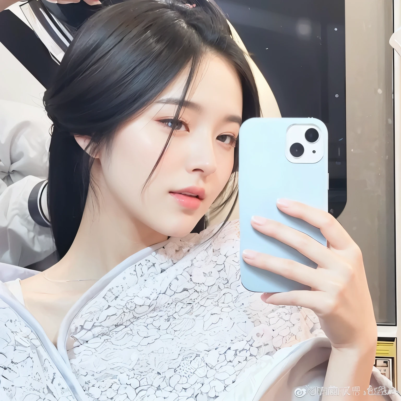 Black haired girl taking a selfie in the mirror
