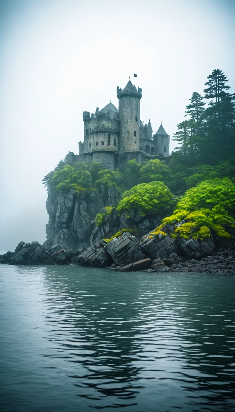 A mysterious castle ruin on a rocky island in the middle of a great lake, shrouded in rain, fog and mist, with a cinematic HDR lighting and film grain effect, captured with a DSLR camera.