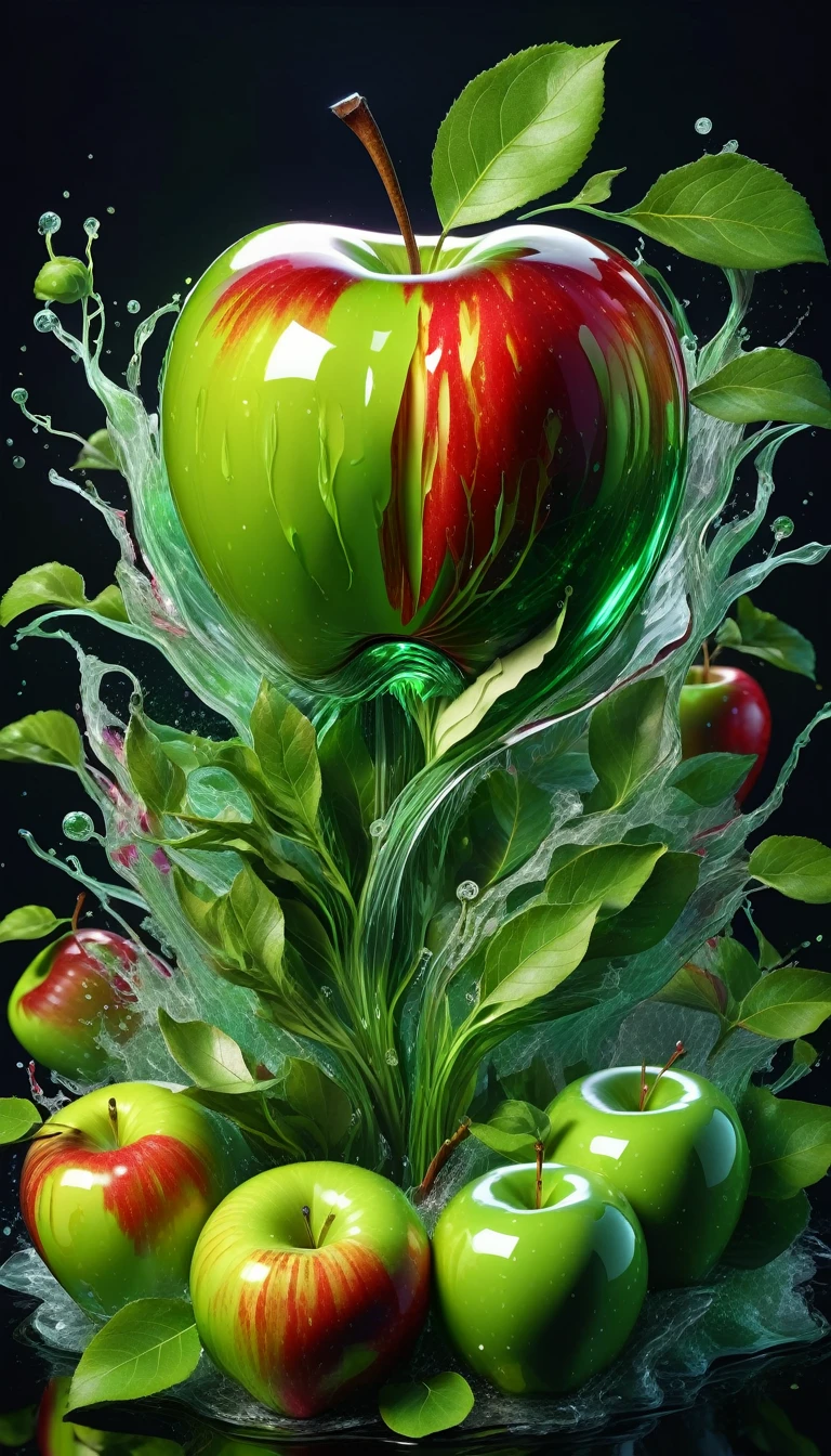 hyper detailed masterpiece APPLE, dynamic, awesome quality,floating liquid plant DonMW15pXL,