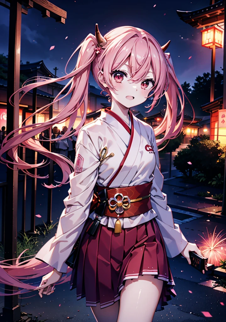 Aria h kanzaki,horn,Pink Hair,Long Hair,low Twin tails,Red eyes,happy smile, smile, Open your mouth,pink kimono,Thick sleeves,Long skirt,日本のfestival,夏festivalの屋台,Red Lantern,night,night空のfirework,firework,場所はfirework大会,時間はnightです,sunny day,turn around,as if,walk, break looking at viewer, Upper Body, (Cowboy Shot:1. 5),
break outdoors, festival,shrine,
break (masterpiece:1.2), Highest quality, High resolution, unity 8k wallpaper, (shape:0.8), (Beautiful attention to detail:1.6), Highly detailed face, Perfect lighting, Highly detailed CG, (Perfect hands, Perfect Anatomy),