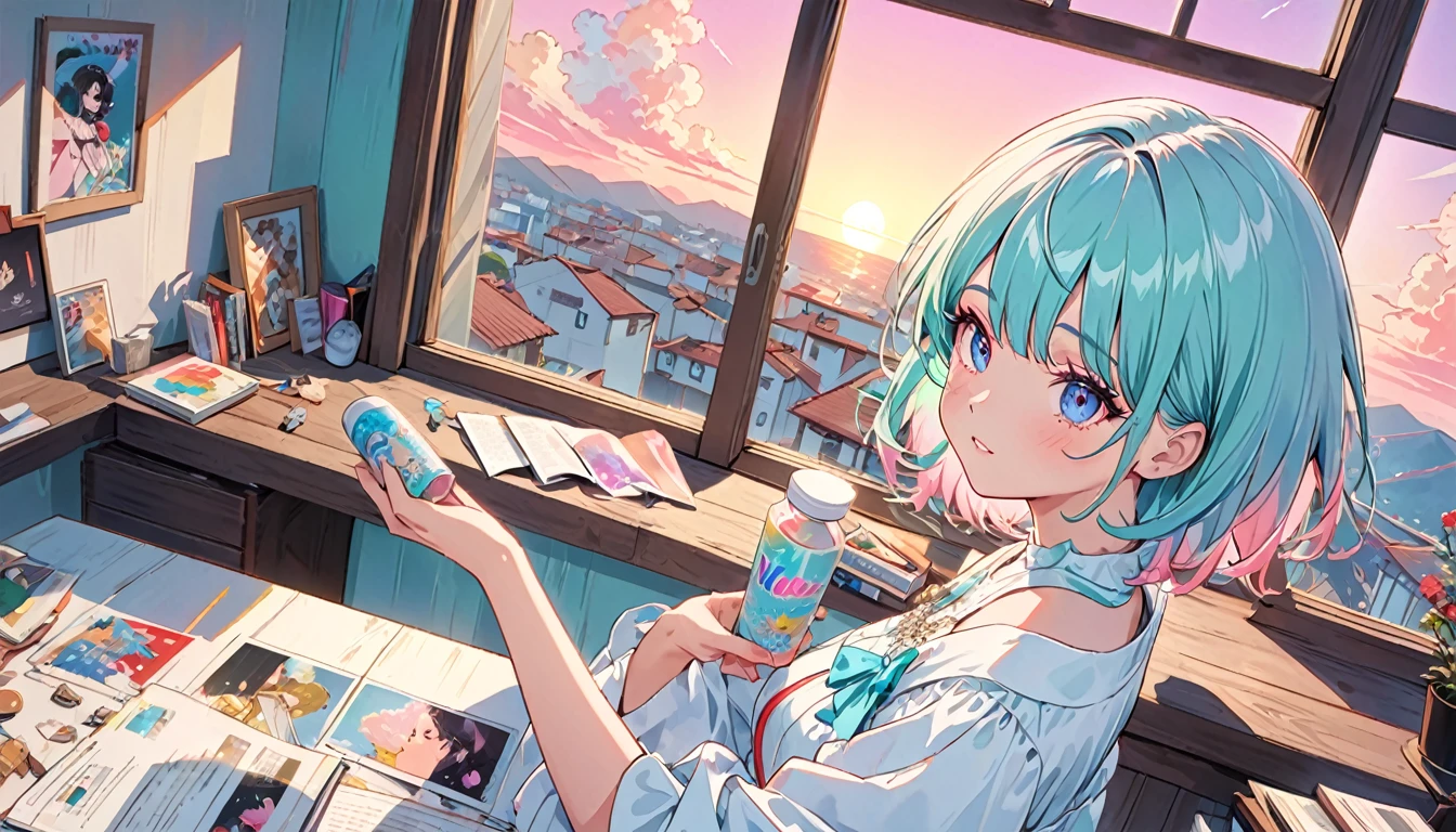 (masutepiece:1.5, best quality:1.5), ((estilo vaporwave, partially coloring)), Close-up, De cima, cinematic angle, (((baunilha))), 1girl em, sozinho, sorriso bonito, (segure um sorvete de baunilha), jewelry decoration, cabelos longos, em uma sorveteria, doll mess, Vida decadente, sunset outside the window, rua fora da janela, sunset outside the window, Music album covers