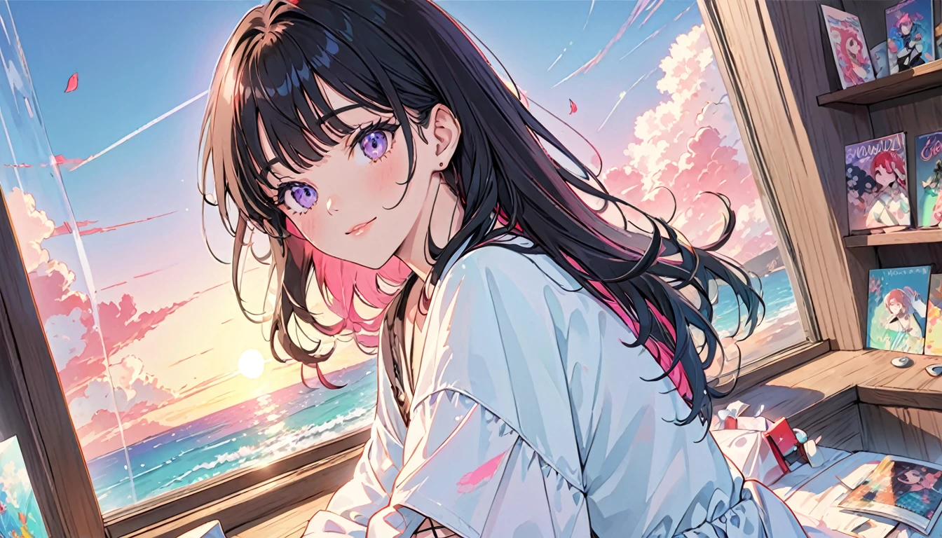 (masutepiece:1.5, best quality:1.5), ((estilo vaporwave, partially coloring)), Close-up, De cima, cinematic angle, (((baunilha))), 1girl em, sozinho, sorriso bonito, (segure um sorvete de baunilha), jewelry decoration, cabelos longos, em uma sorveteria, doll mess, Vida decadente, sunset outside the window, rua fora da janela, sunset outside the window, Music album covers