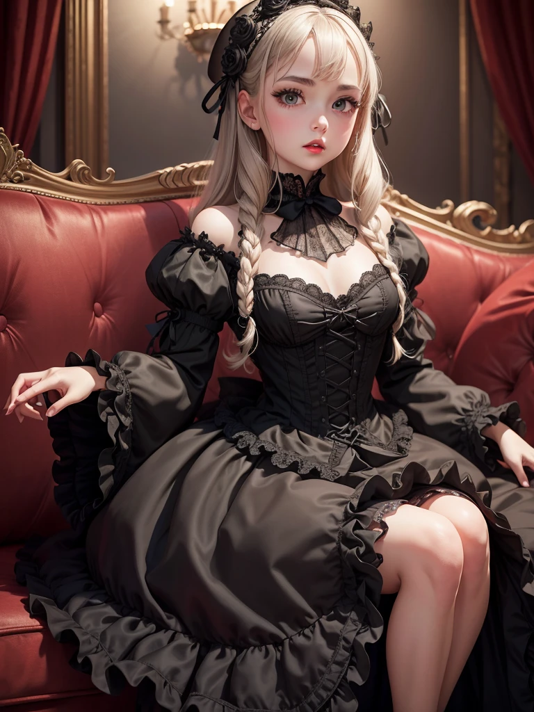 Baroque, Gothic Lolita, cute, One girl, alone, whole body, Black sofa, Black Dress, Absurd, White lace, High resolution, Super detailed, Most detailed, Red lips