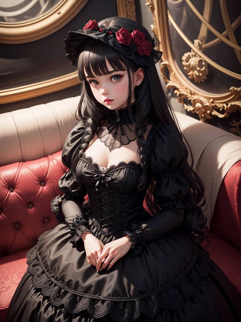 Baroque, Gothic ta, cute, One girl, alone, whole body, Black sofa, Black Dress, Absurd, White lace, High resolution, Super detailed, Most detailed, Red lips