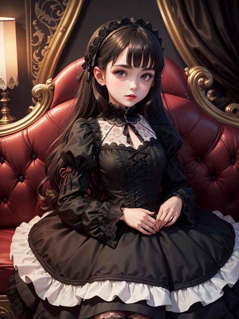 Baroque, Gothic ta, cute, One girl, alone, whole body, Black sofa, Black Dress, Absurd, White lace, High resolution, Super detailed, Most detailed, Red lips