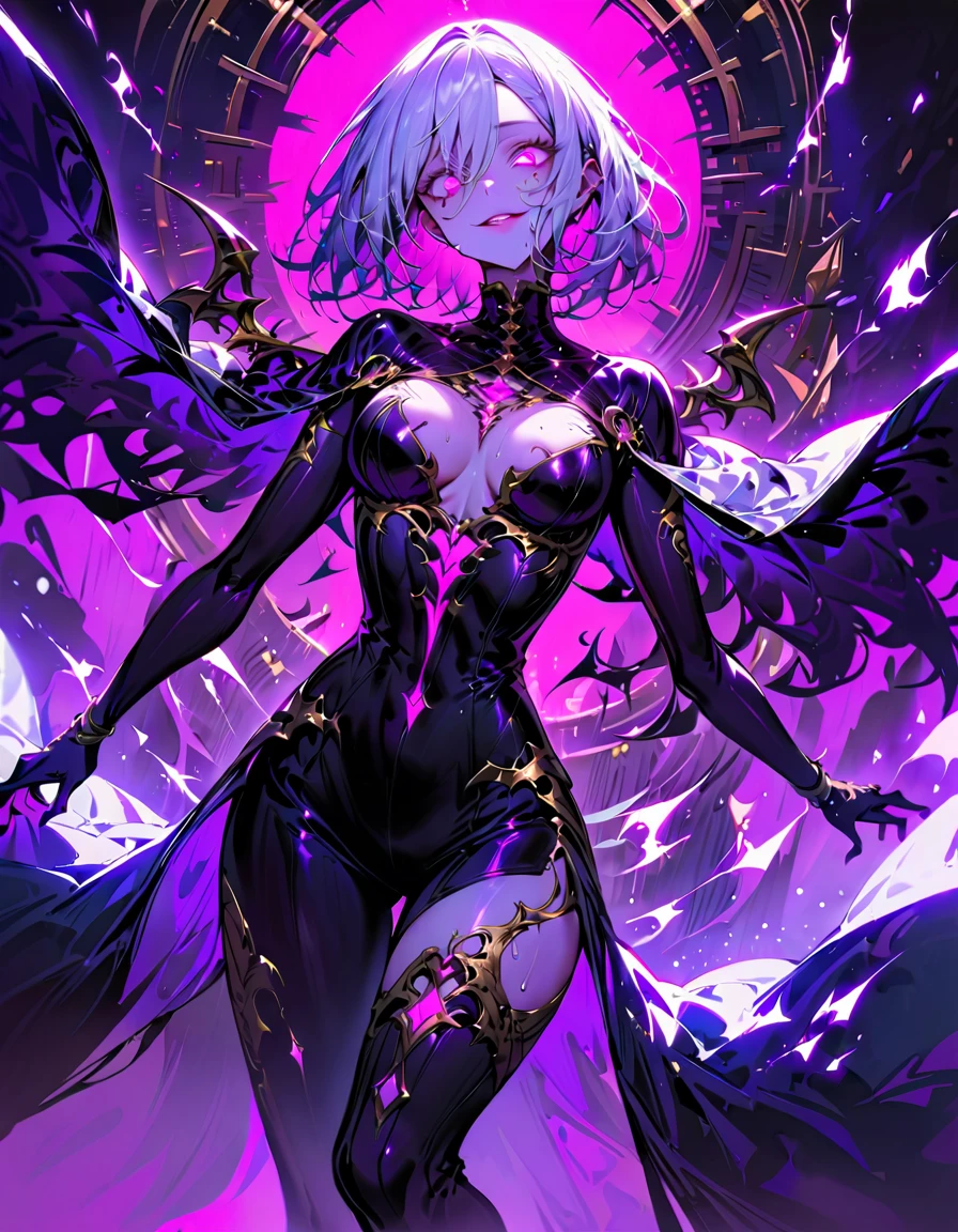 One young and beautiful woman,(Highest quality,Extremely detailed depiction,Incredibly absurd high resolution,Anatomically accurate depiction,Perfect body,Two curvaceous legs),(A fantastic evil goddess in a mysterious costume),(Gorgeous black outfit,latex),eyelash,eye shadow,eyeliner,mascara,Flashy makeup,(Intensely glowing purple eyes,(Crazy Eyes),Glossy Lips,Wicked Smile,There is cleavage in the chest,wing,whole body,Silver Hair),Sweat,background:Temple of the Night,Purple light