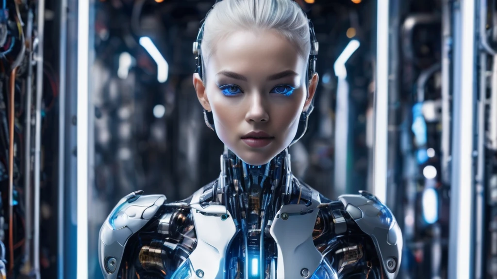 ```
Full-body portrait of a female cyborg, entire figure visible.
16:9 aspect ratio, landscape orientation.
Subject centered, occupying majority of frame height.
Head to toe visibility, no cropping of any body parts.
Frontal view, directly facing the camera.
Russian features: high cheekbones, clear blue holographic eyes.
Short platinum blonde hair with visible tech implants.
Face, torso, arms, and legs all clearly depicted.
Seamless blend of human and robotic elements throughout body.
Metallic components and exposed circuitry on skin.
Transparent panels revealing internal bio-mechanical systems.
Arms and hands fully visible, showing cybernetic enhancements.
Legs and feet prominently displayed, exhibiting robotic design.
Subtle blue energy lines tracing entire body.
Minimal, form-fitting attire to showcase cyborg elements.
Standing pose, arms slightly away from body.
Feet shoulder-width apart, firmly planted.
Faint holographic aura surrounding entire figure.
Futuristic background not obscuring any part of the cyborg.
Even, cool-toned lighting highlighting all body details.
Emphasis on full-body representation from head to toe.
```