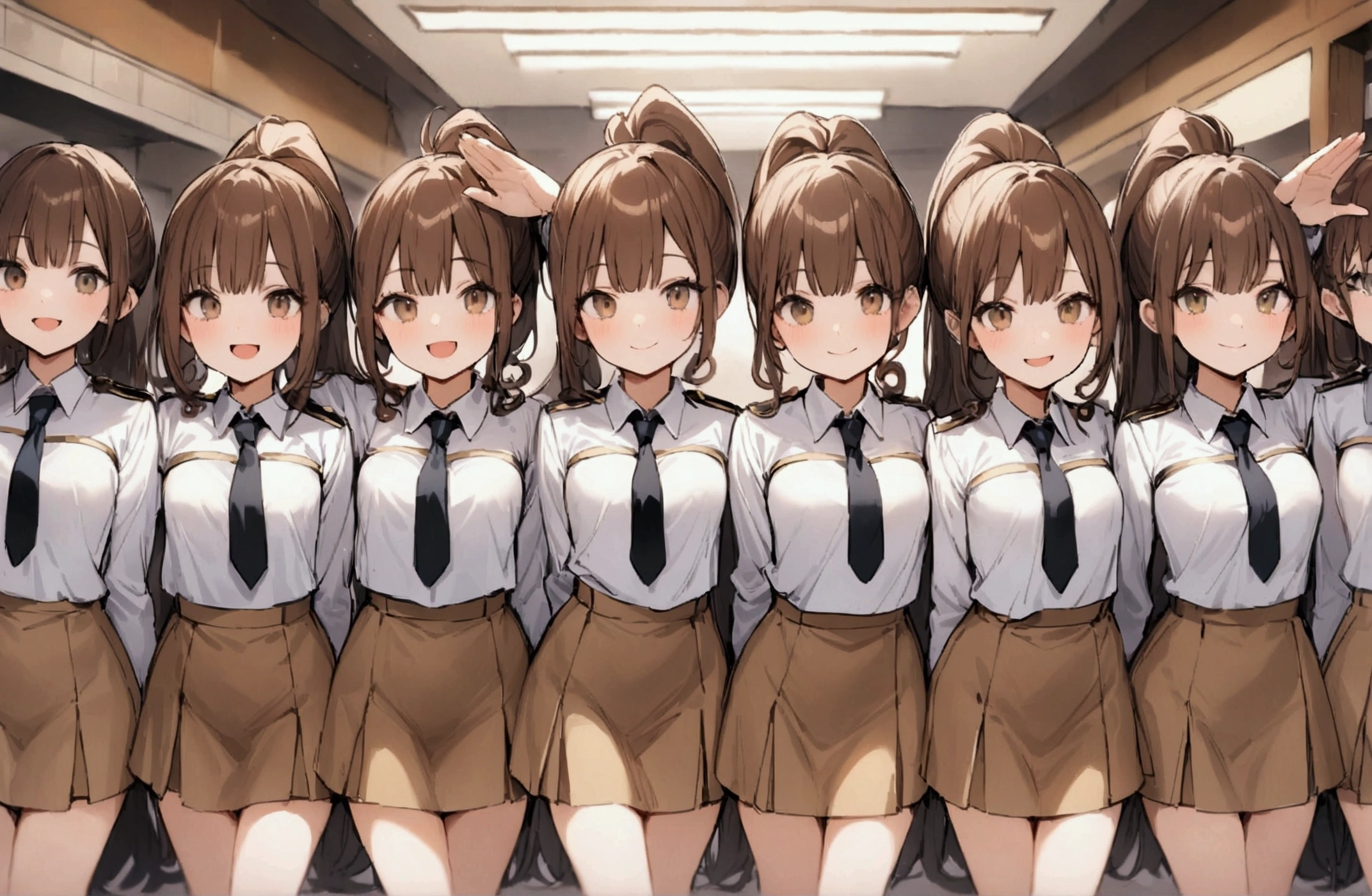 masterpiece, Highest quality, High resolution, 10+girl, crowd, An orderly line of sisters, An orderly line of sisters, Sisters in a row, uniform, Matching outfits, Long Hair, Curly Hair, ponytail, Matching hairstyle, Hazel Eyes, Brown Hair, Black tie, Blue Ribbon, Brown Skirt, salute, smile, indoor, Group shot, whole body, Panty shot, Black high heels、Everyone flips up their skirts