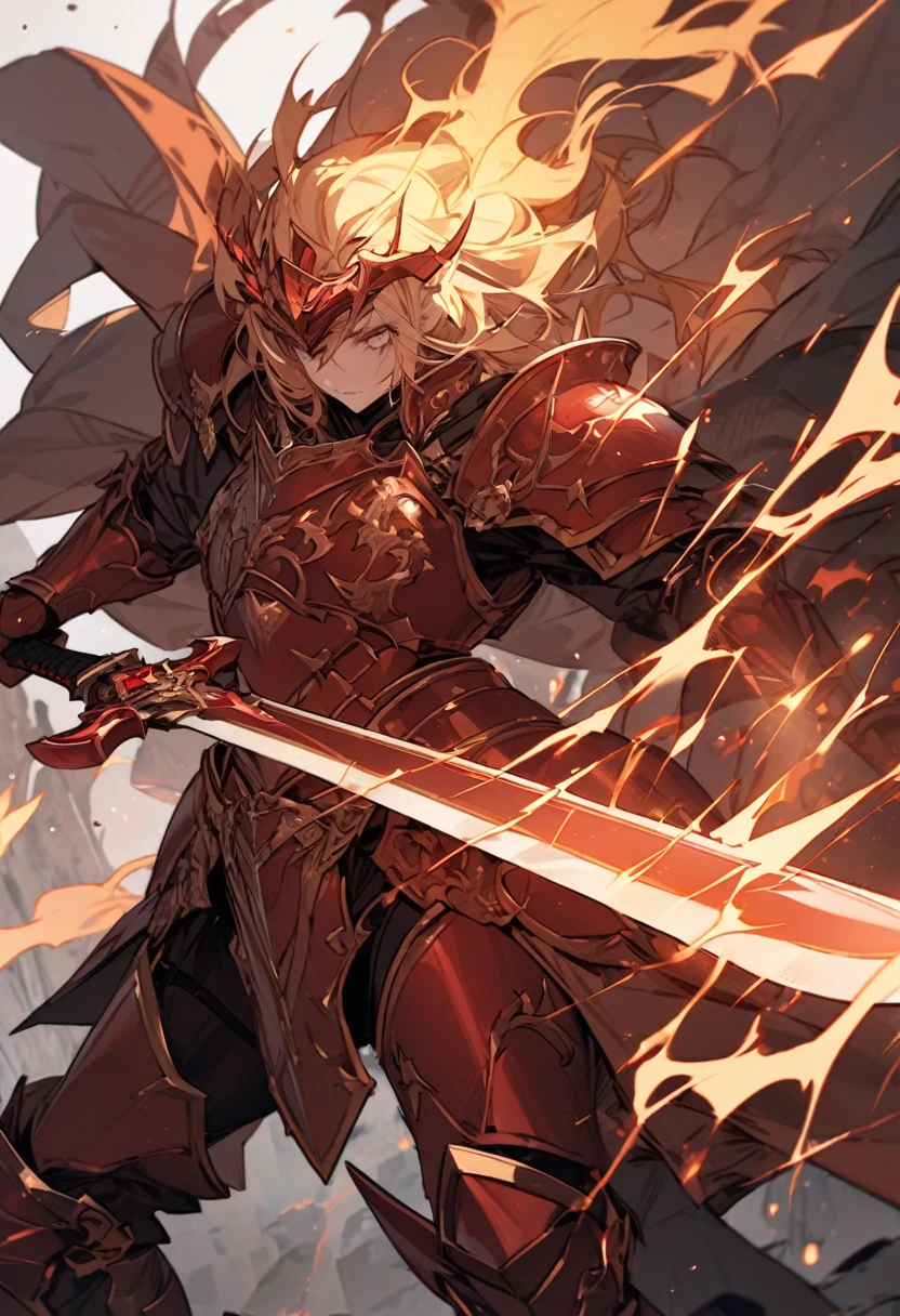 Masterpiece, 8ก, best quality, Highly detailed, The warrior wore simple armor and carried a large two-handed sword made of yellow. & red iron with fire & Lightning surrounded it.
