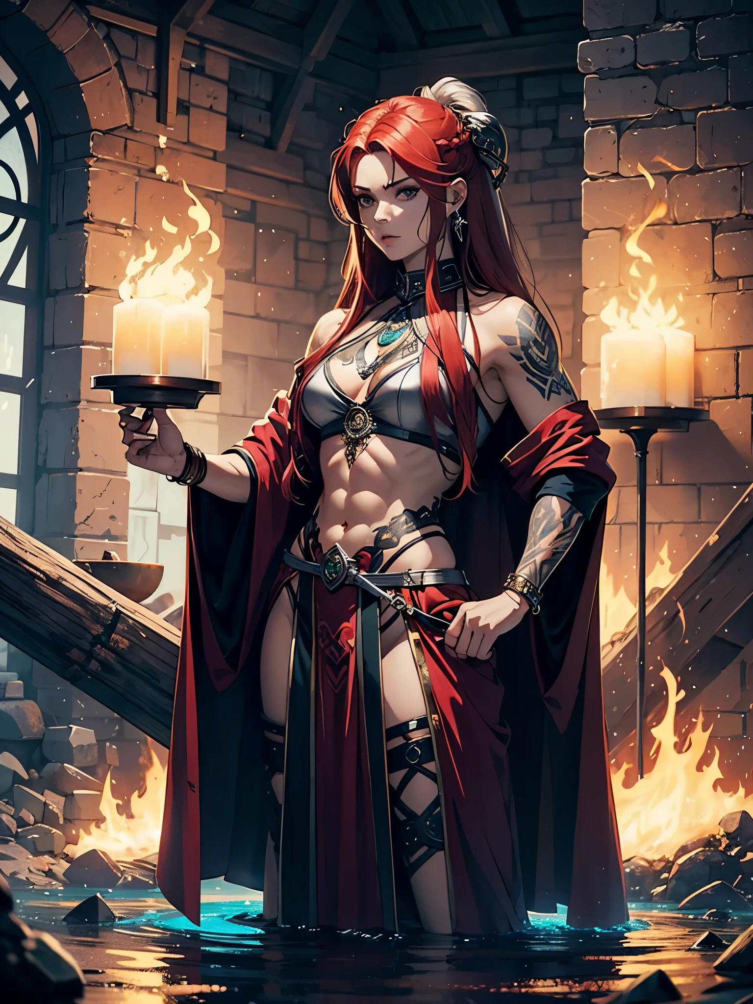 Older. More anime. 2d. Glow. Nordic clothing. Sidecut. Viking hairstyle. Long robe. masculine, Viking clothing. Red hair. woman. flat. freya. Goddess of War. Muscles. strength. Feuermagie. Brown robe. Viking warrior. Celtic Tattoos. silver jewelry. Brown clothes. Rotes Make Up.