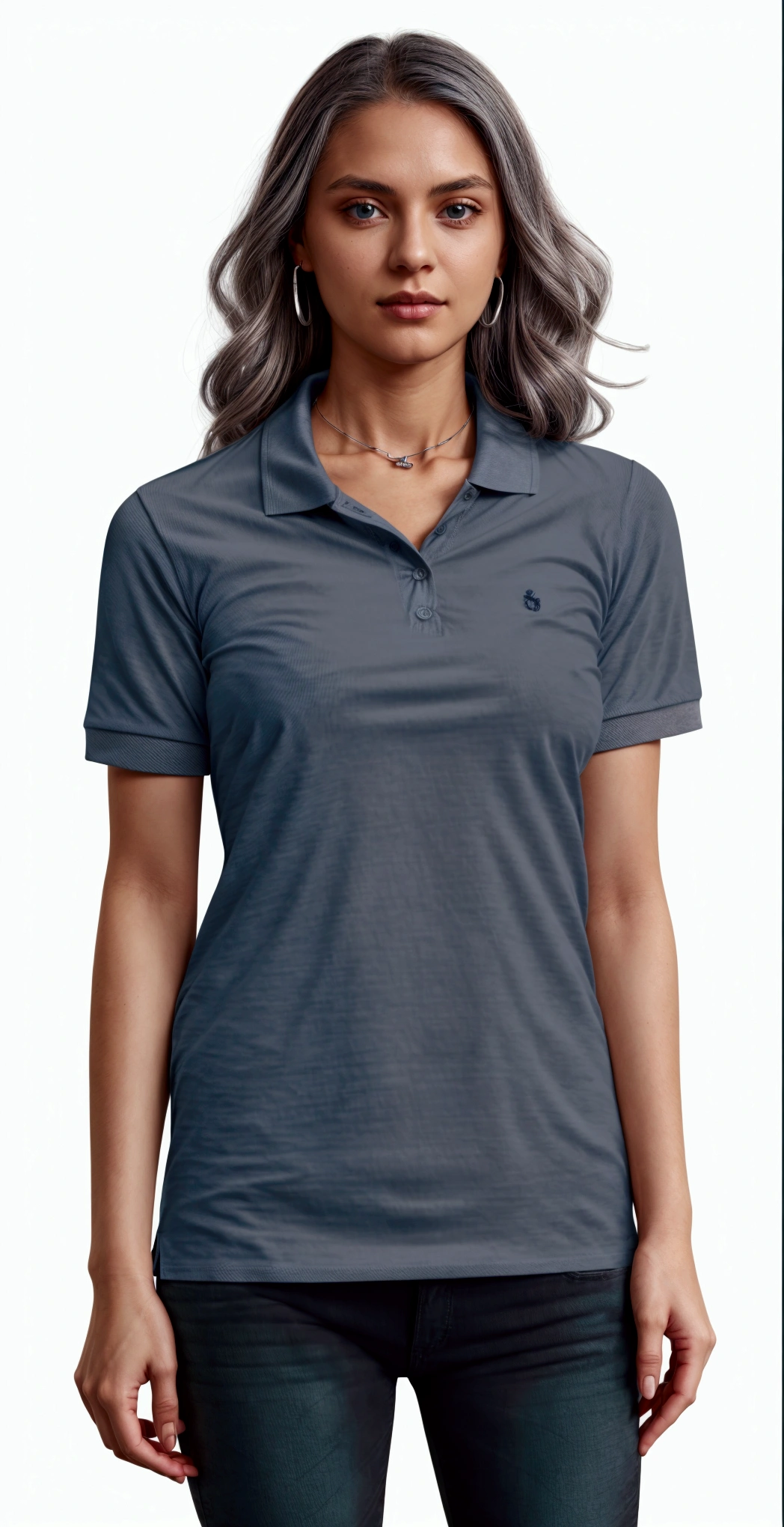 a woman wearing a gray polo shirt and jeans, gray shirt, wearing polo shirt, manga curta, collar shirt, wearing a dark blue polo shirt, academic clothes, in a dark teal polo shirt, in metallic gray, gray screen, neck collar, in a dark green polo shirt, gray dark, steel gray body, neckleace, casual outfit