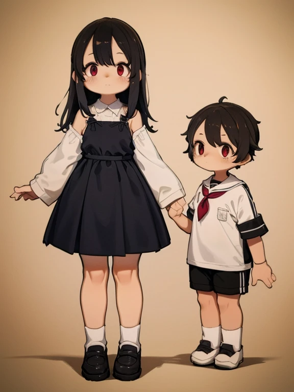 girl Primary school students Young Girl 小さいgirl Height: 130cm Standing picture Simple design The dress is a one-piece Long hair Long Black Hair Hair is black Red eyes Shoulder Bare