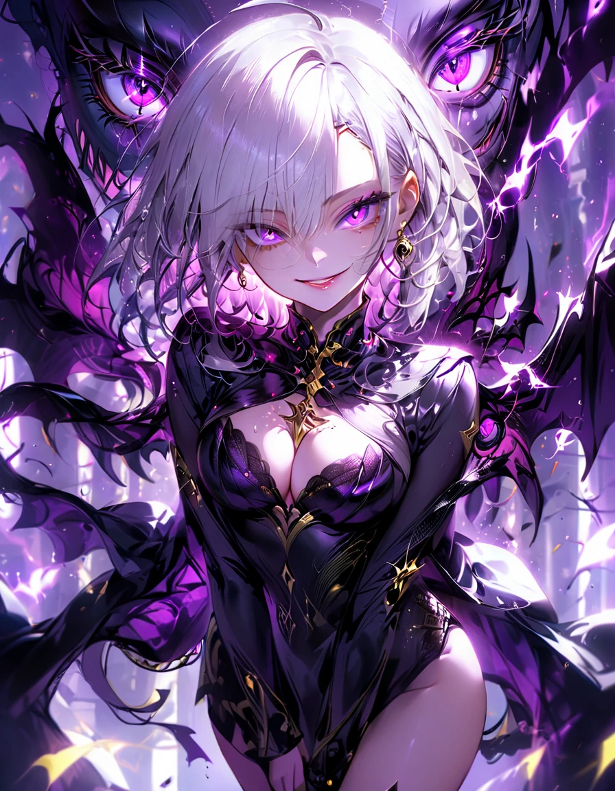 One young and beautiful woman,(Highest quality,Extremely detailed depiction,Incredibly absurd high resolution,Anatomically accurate depiction,Perfect body,Two curvaceous legs),(A fantastic evil goddess in a mysterious costume),(Gorgeous black outfit),eyelash,eye shadow,eyeliner,mascara,Flashy makeup,(Intensely glowing purple eyes,(Crazy Eyes),Glossy Lips,Wicked Smile,There is cleavage in the chest,wing,whole body),Sweat,background:Temple of the Night,Purple light