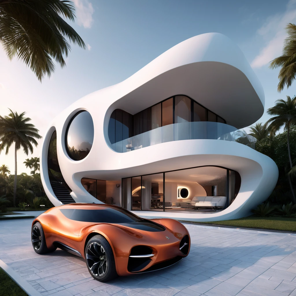 a futuristic house with a jeep parked in front of it, cgsocietywlop, beautiful curves, intricate devilish designs, qualia, interesting shapes & form, wow factor, elaborate polished, architectural rendering, miami, orange soft lighting in interior of house, futuristic battlefield, inspired by James E. Brewton, precise architectural rendering