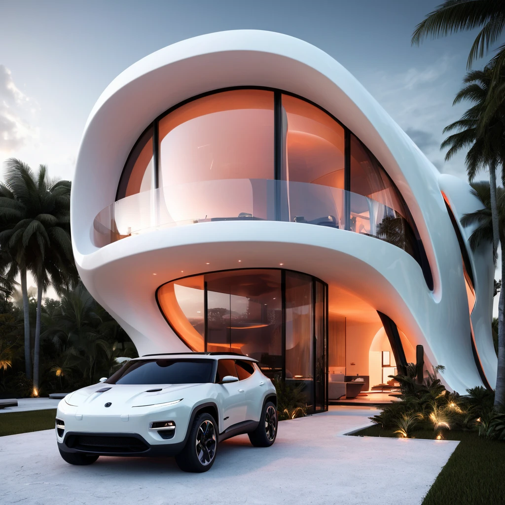 a futuristic house with a jeep parked in front of it, cgsocietywlop, beautiful curves, intricate devilish designs, qualia, interesting shapes & form, wow factor, elaborate polished, architectural rendering, miami, orange soft lighting in interior of house, futuristic battlefield, inspired by James E. Brewton, precise architectural rendering