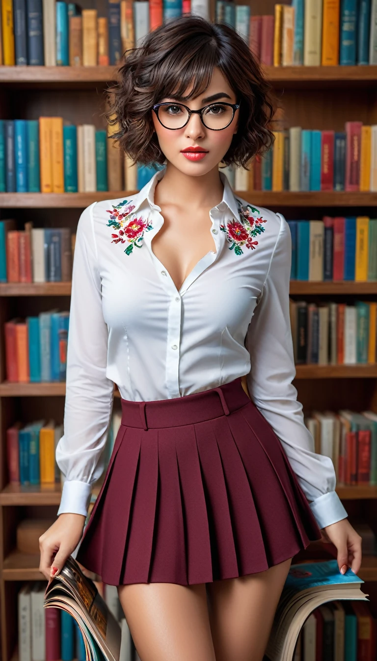 (((beautiful beautiful Isabela Merced, posing for uploadss, looking sexy, ruffled lips, Short and curly hair in different colors, extremely pretty eyes))), ((wearing floral silver necklace)), realistic uploadsgraph, highy detailed, Foco do pointed, (Main lighting), (indoor bookstore environment), artwork, extremely pretty, Perfect beauty, (perfect shape body, Broad Hips, small waist, thick-thighs, firm abs, Body cute, knees, knees, focus on the knees, breasts small), short hair of different colors with bangs, short hair with bangs of different colors cobrindo a testa, short hair with bangs of different colors ((((short hair of different colors with bangs cobrindo a testa)))), ((30 years old)), (extremely detaild 8k wallpaper), ((face detailed)), (((wearing open white shirt, microsaia curta de tweed, knees, knees, very short skirt)), (long dark eyelashes), (looking at the camera), (((cleavage))), (glamor model), (seductive facial expression) (((standing between high shelves full of books))), extremely detaild, artwork, Intricate details, highy detailed, Foco do pointed, skin detailed, realistic skin texture, texture, detailedeyes, high resolution, kodak vision color, uploads_\(ultra\), Post-processing, maximum detail, roughness, real-life, ultra realistic, uploadsrealism, uploadsgraphy, absurderes, RAW uploads, highest quallity, high detail RAW color uploads, professional uploads, extremely detaild UHD 8k wallpaper unit, best quality, high resolution, (artwork, maximum quality, high resolution:1.4), uploads, cinematic, film grain, pointed, soft natural light, magic uploadsgraphy, super verbose, ((whole body: legs 1.7)), librarian glasses, nerd glasses, ((pleated miniskirt: miniskirt 1.6)), unbuttoned blouse with cleavage, bellybutton, navel, cleavage, (Head to knee, all-body)