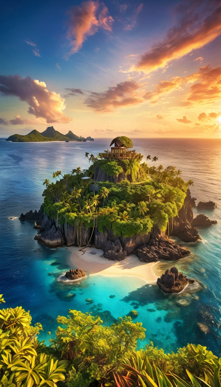 A breathtaking panoramic view of a mysterious fantasy island in the middle of the vast ocean, bathed in the warm glow of an HDR sunset, captured with the cinematic quality of a DSLR camera, with a touch of film grain adding to the sense of realism and drama, showcasing the island's beguiling and deadly beauty.