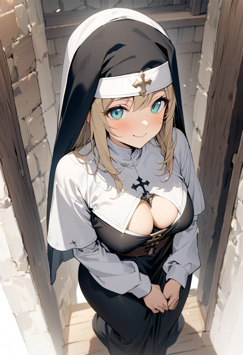 ({masterpiece}},{best quality,}，white background,full body,Middle Ages,1 woman，（20years old1:1),bule eyes,，smile，great chest,nun,,Quiet,sexy，({masterpiece}},{best quality}