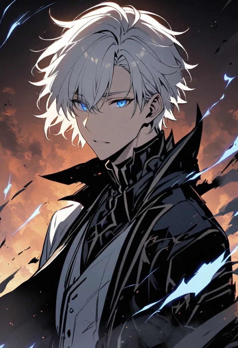 Handsome, solo, male, short hair, hair covers left eye, white hair, blue eyes, black and white coat