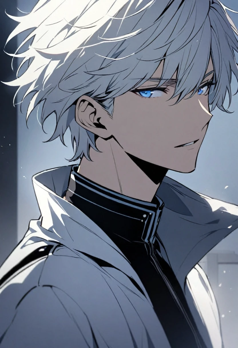 Handsome, solo, male, short hair, hair covers left eye, white hair, blue eyes, black and white coat