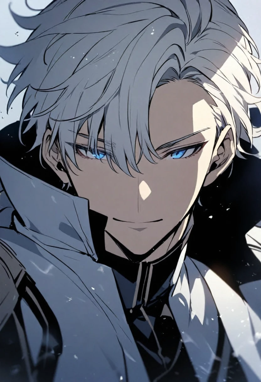 Handsome, solo, male, short hair, hair covers left eye, white hair, blue eyes, black and white coat