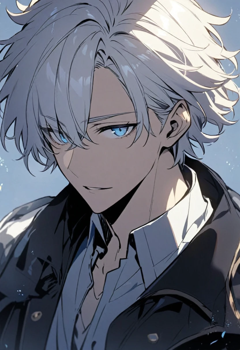 Handsome, solo, male, short hair, hair covers left eye, white hair, blue eyes, black and white coat