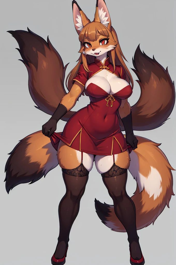 feral,fox, masterpiece, best quality holo is a wolf girl,fox tail, furry art!!!, curvy ,thick thighs,expressive eyes, (brown fur skin), wolf ears, messy hair, feral), furry, stocking, sweaty, plump body type,Serval, fox, wolf girl,fangs, sharp eyeliner, eyeshadow, (detailed eyes),china dress Lingerie,WW2 uniform, secretary, post-apolytic, stocking, girly, dynamic pose, standing, presenting hindquarters, full body,