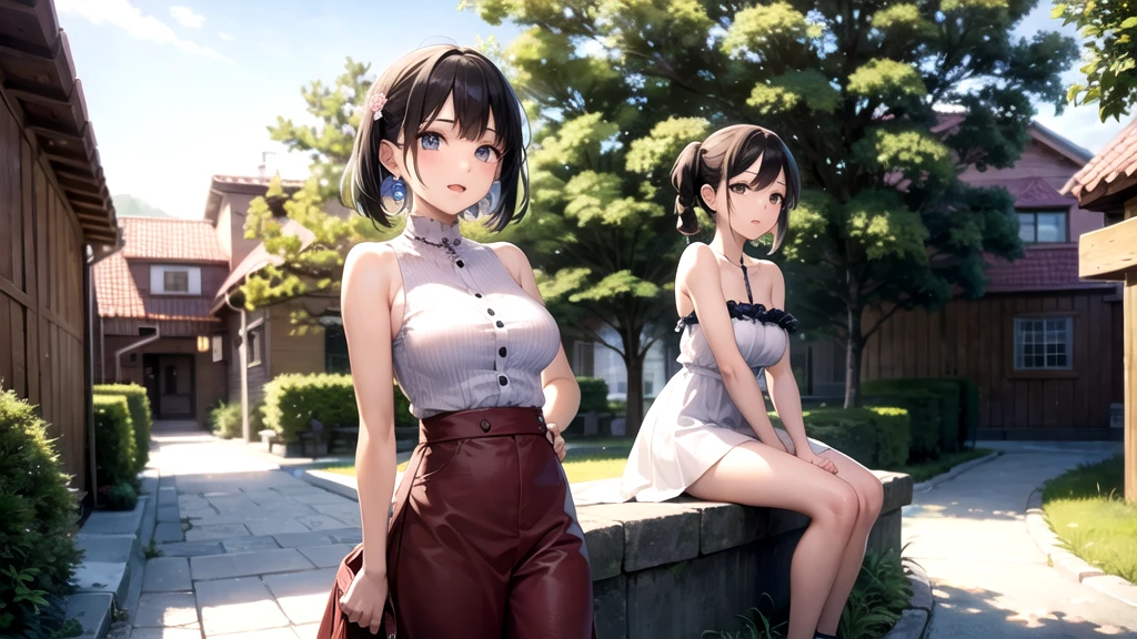 Girlish, Japanese silver grass, short hair, Black Hair,Low length,small ,Side Ponytail, Cat, belt, mini skirt,camisole, They're laughing, Are standing, (forest:1.3), Looking at the audience, From below,
