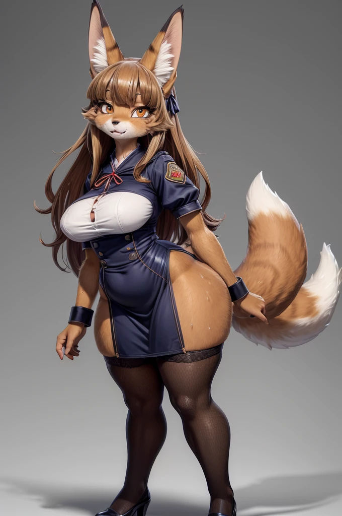 feral,fox, masterpiece, best quality holo is a wolf girl,fox tail, furry art!!!, curvy ,thick thighs,expressive eyes, (brown fur skin), wolf ears, messy hair, feral), furry, stocking, sweaty, plump body type,Serval, fox, wolf girl,fangs, sharp eyeliner, eyeshadow, (detailed eyes),china dress Lingerie,WW2 uniform, secretary, post-apolytic, stocking, girly, dynamic pose, standing, presenting hindquarters, full body,