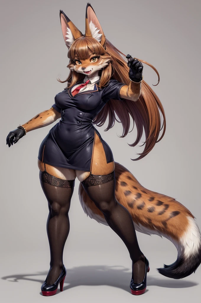 feral,fox, masterpiece, best quality holo is a wolf girl,fox tail, furry art!!!, curvy ,thick thighs,expressive eyes, (brown fur skin), wolf ears, messy hair, feral), furry, stocking, sweaty, plump body type,Serval, fox, wolf girl,fangs, sharp eyeliner, eyeshadow, (detailed eyes),china dress Lingerie,WW2 uniform, secretary, post-apolytic, stocking, girly, dynamic pose, standing, presenting hindquarters, full body,