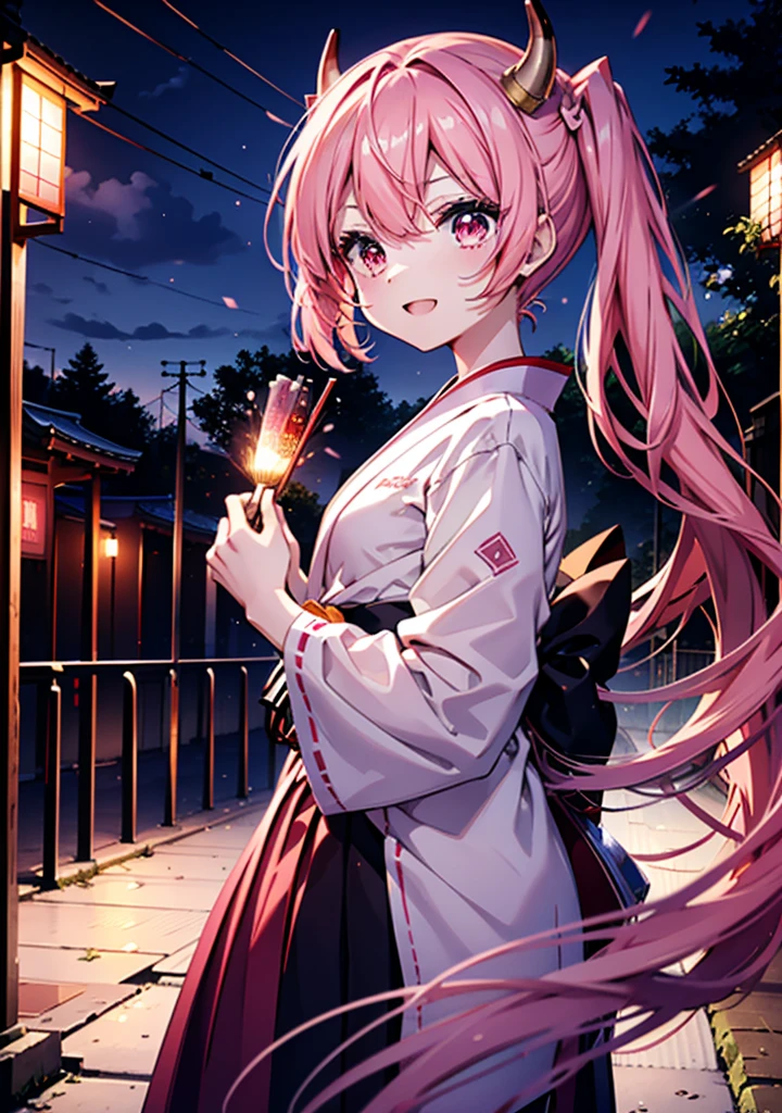 Aria h kanzaki,horn,Pink Hair,Long Hair,low 　Twin tails,Red eyes,happy smile, smile, Open your mouth,pink kimono,Thick sleeves,Long skirt,日本のfestival,夏festivalの屋台,Red Lantern,night,night空のfirework,firework,場所はfirework大会,時間はnightです,sunny day,turn around,as if,walk,　　　　　　　　　　　　　　　  　　　　　break looking at viewer, Upper Body, (Cowboy Shot:1. 5),  　　　　　
break outdoors, festival,shrine,
break (masterpiece:1.2), Highest quality, High resolution, unity 8k wallpaper, (shape:0.8), (Beautiful attention to detail:1.6), Highly detailed face, Perfect lighting, Highly detailed CG, (Perfect hands, Perfect Anatomy),
