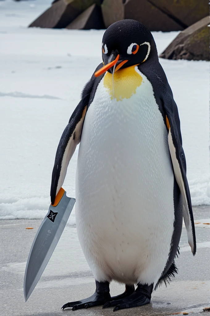 penguin with knife in mouth