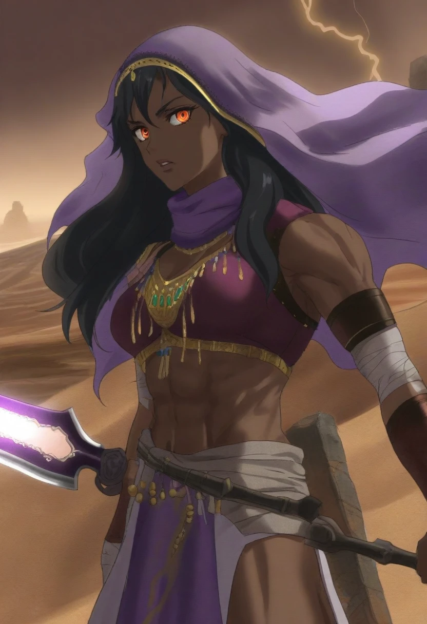 {{portrait, dutch angle}} {{Artist: Sincos}} 1girl, solo, toned female, mature female, medium breasts, black hair, long hair, chocolate skin, muscular, amber eyes, sharp eyes, full lips, leather armour, purple clothing, Arabian clothing, desert clothing, lightning, holding glaive, outdoors, desert, ruins, looking at viewer, standing, sunny, Middle Eastern Fantasy, day, lightning weapon, glaive, arms wrapped in bandages, veil, purple veil.