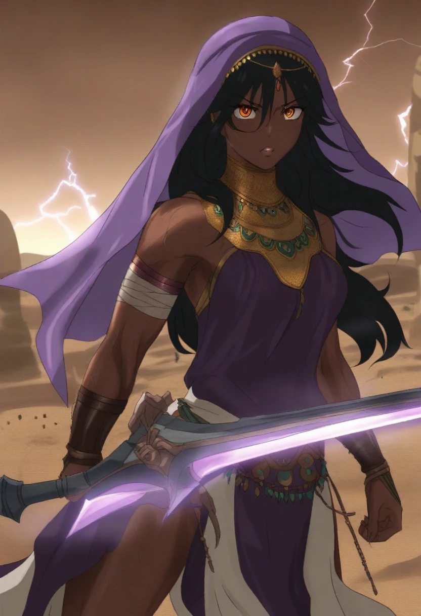 {{portrait, dutch angle}} {{Artist: Sincos}} 1girl, solo, toned female, mature female, medium breasts, black hair, long hair, chocolate skin, muscular, amber eyes, sharp eyes, full lips, leather armour, purple clothing, Arabian clothing, desert clothing, lightning, holding glaive, outdoors, desert, ruins, looking at viewer, standing, sunny, Middle Eastern Fantasy, day, lightning weapon, glaive, arms wrapped in bandages, veil, purple veil.