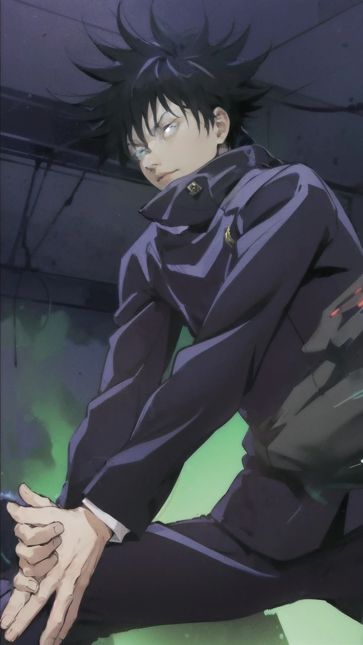 1 boy,rim light,looking_at_screen,masterpiece,best quality,solo,Gojo Satoru,highest detailed, solo, in a modern cityscape at night, neon lights, futuristic style, leaning against a wall, looking at the screen, rim light on white hair, glowing blue eyes, wearing his black blindfold and sunglasses, dressed in his signature outfit with loose sleeves, masterpiece quality, s