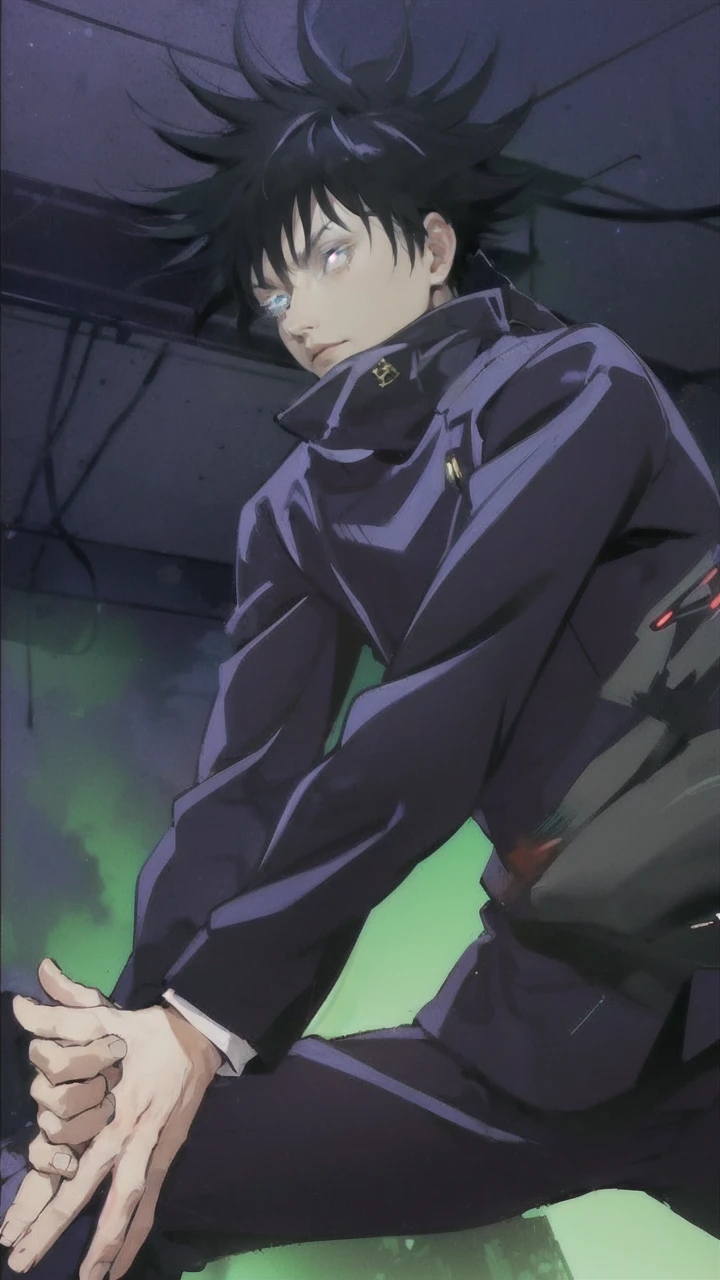 1 boy,rim light,looking_at_screen,masterpiece,best quality,solo,Gojo Satoru,highest detailed, solo, in a modern cityscape at night, neon lights, futuristic style, leaning against a wall, looking at the screen, rim light on white hair, glowing blue eyes, wearing his black blindfold and sunglasses, dressed in his signature outfit with loose sleeves, masterpiece quality, s